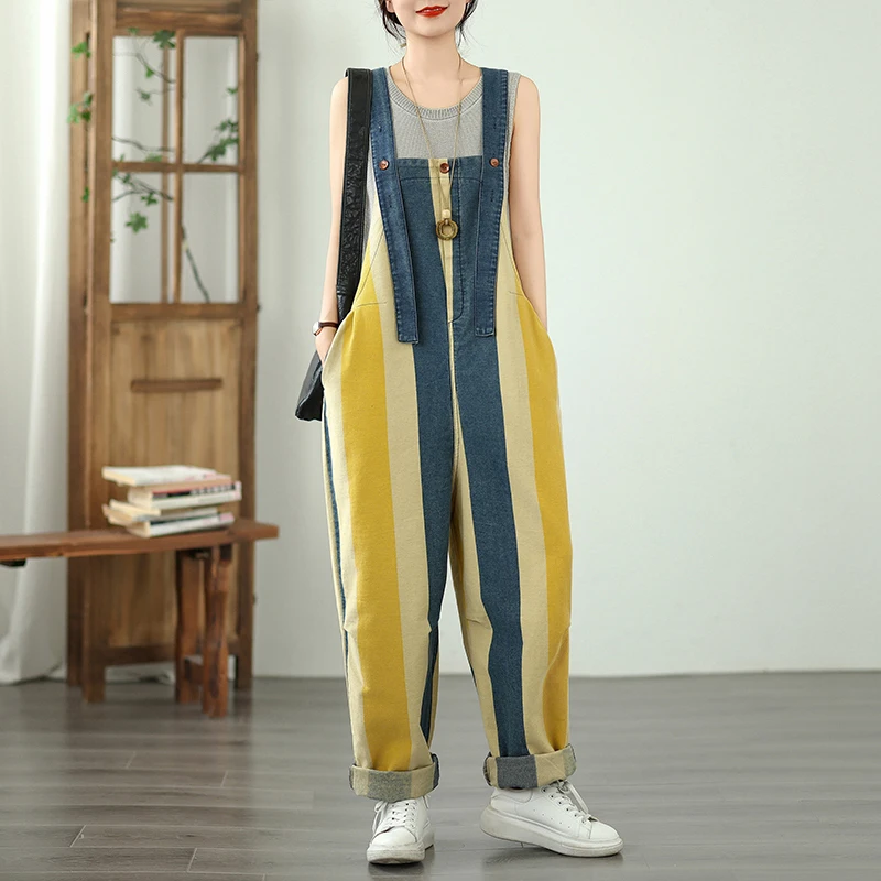 Verano 2025 Mono vaquero holgado para mujer con grandes kets y pantalones vaqueros largos resistentes al desgaste con diseño de sangre de colores a rayas
