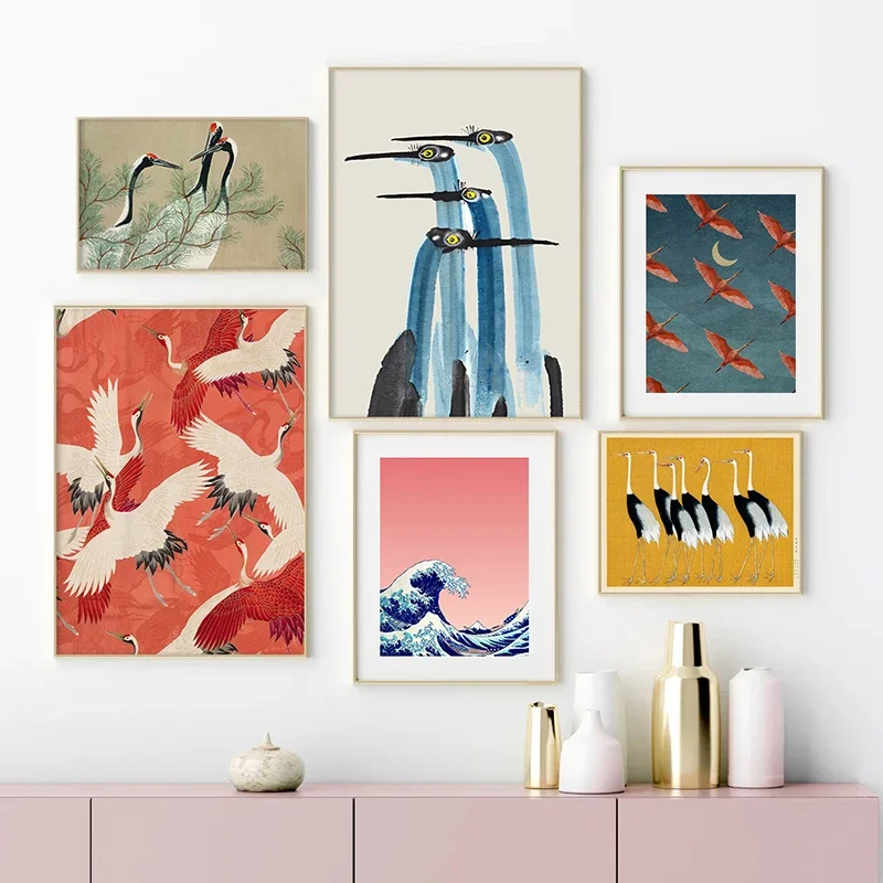 Roter Kranich Hokusai Electic Gallery Wandkunstdrucke Blauer Reiher Leinwandgemälde Nordic Poster Küstenwandbilder Home Decor