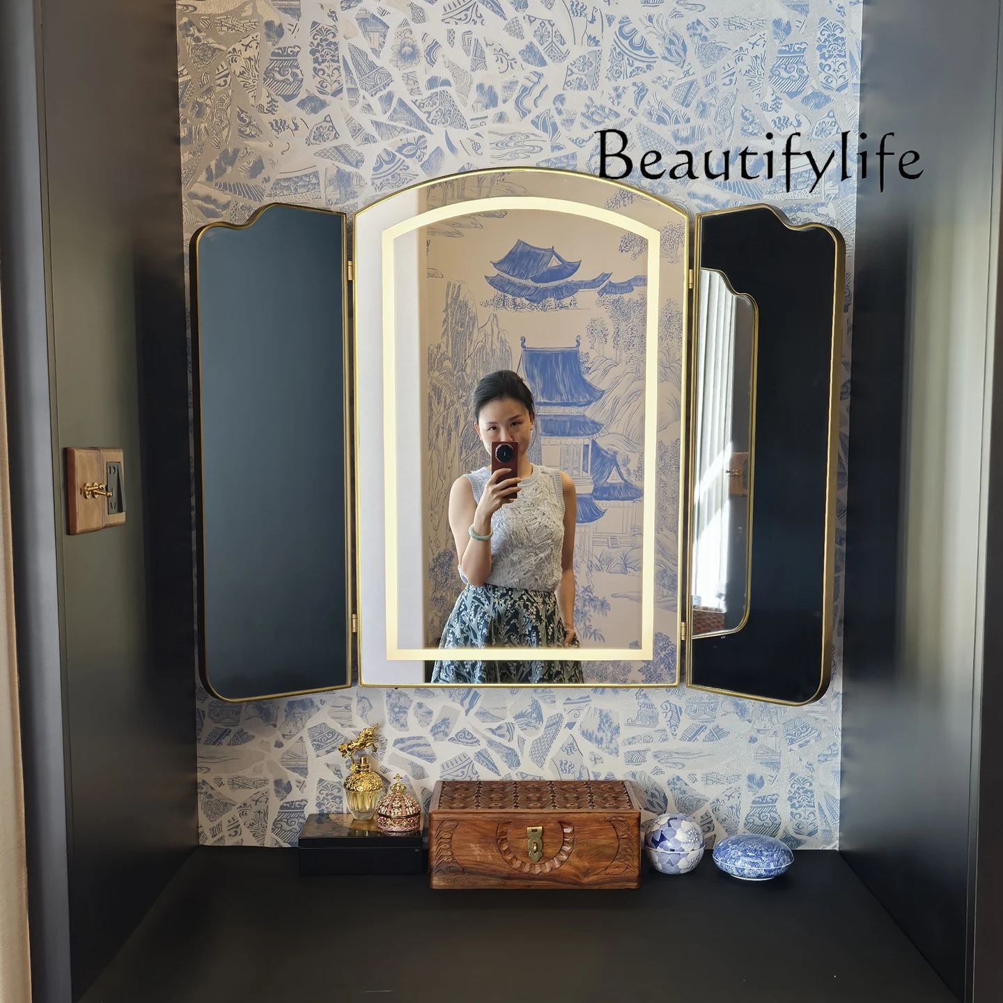 French stainless steel LED light luxury bathroom mirror toilet washstand folding makeup mirror wall-mounted entrance decoration