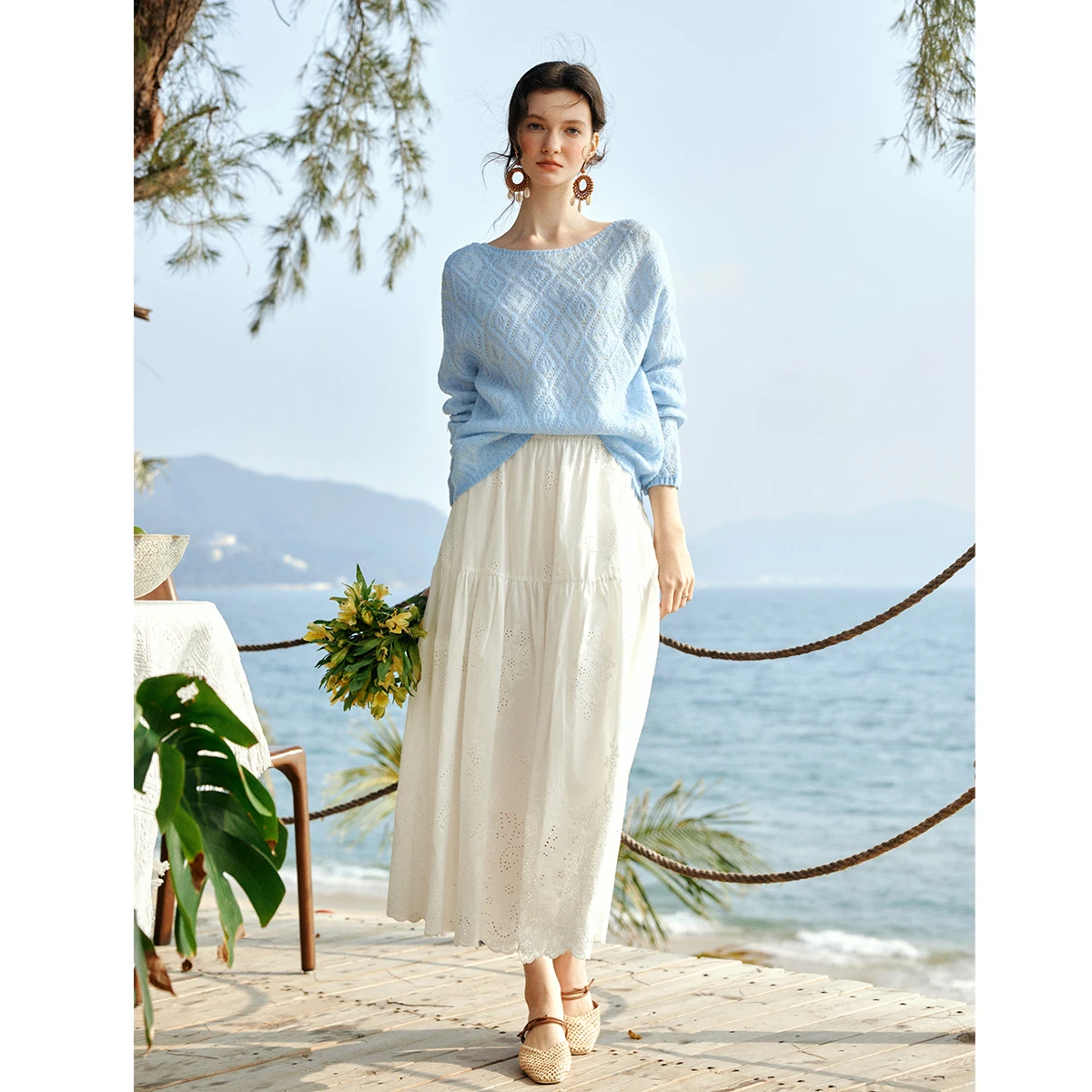 OLrain Women Light Blue Knit Sweater Pullover 2026 New Spring Wide Boat Neck Long Sleeve Loose Elegant Casual Tops O58CZ003192 - Detail 1