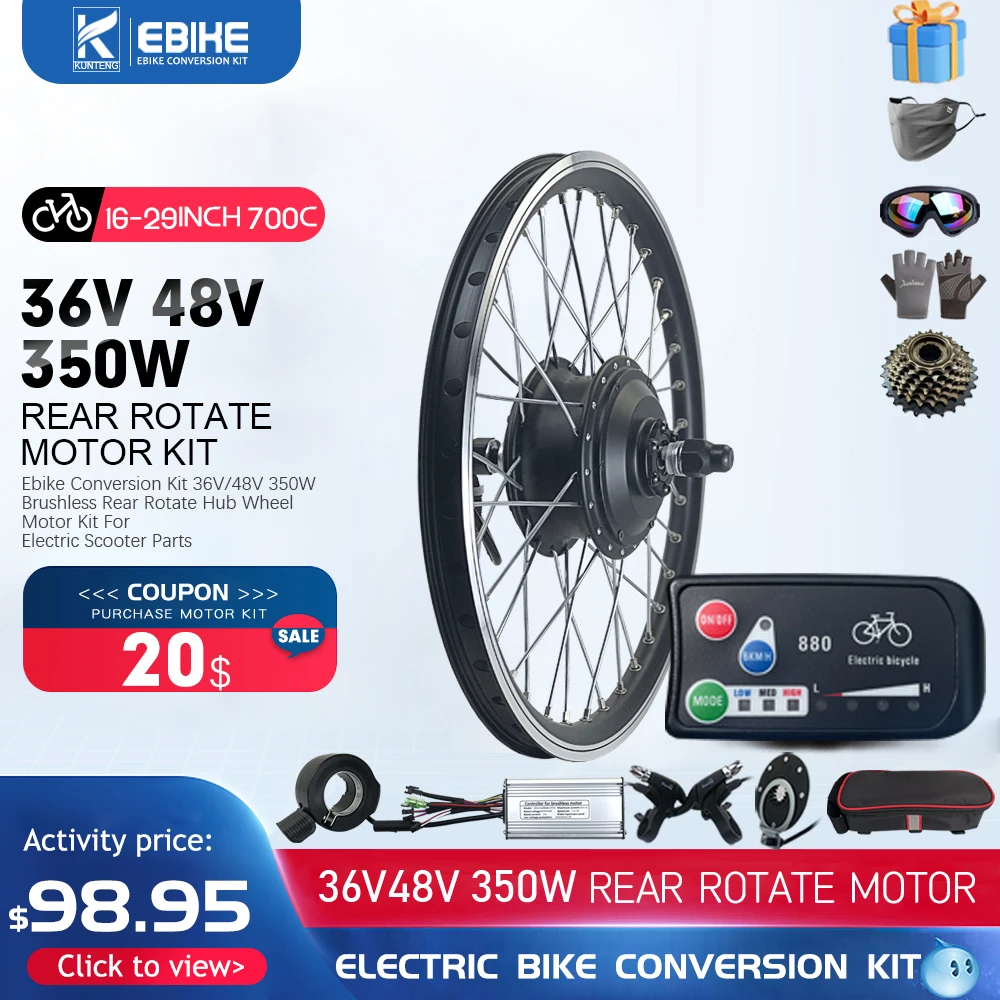 36V/48V 350W Electric Bicycle Conversion Kit Rear Rotate Wheel Brushless Gear Hub Motor E-bike Kit