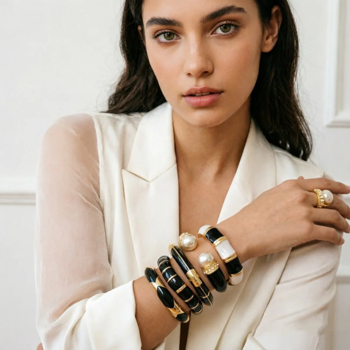Vintage Schwarz-Weiß Gesplittete Emaille-Manschettenarmbänder für Damen und Herren, Punk Geometrisches Blumenmuster, Wellenförmiger Bambus-Gelenk-Armreif Schmuck – Detail 20