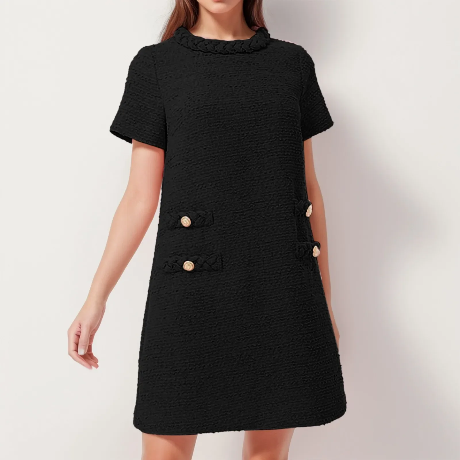 

Women Sweet French Style Short Dresses Elegant Tweed Solid Color Button Up Pullover Dress Office Lady Short Formal Dresses