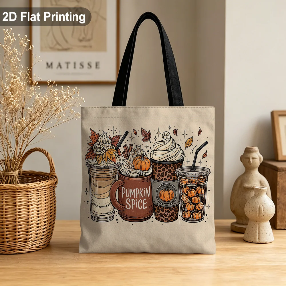 Autumn Pumpkin Spice Latte Canvas Tote Bag Vintage Fall Leaves Print Reusable Shoulder Shopping Bag Holiday Present For Women