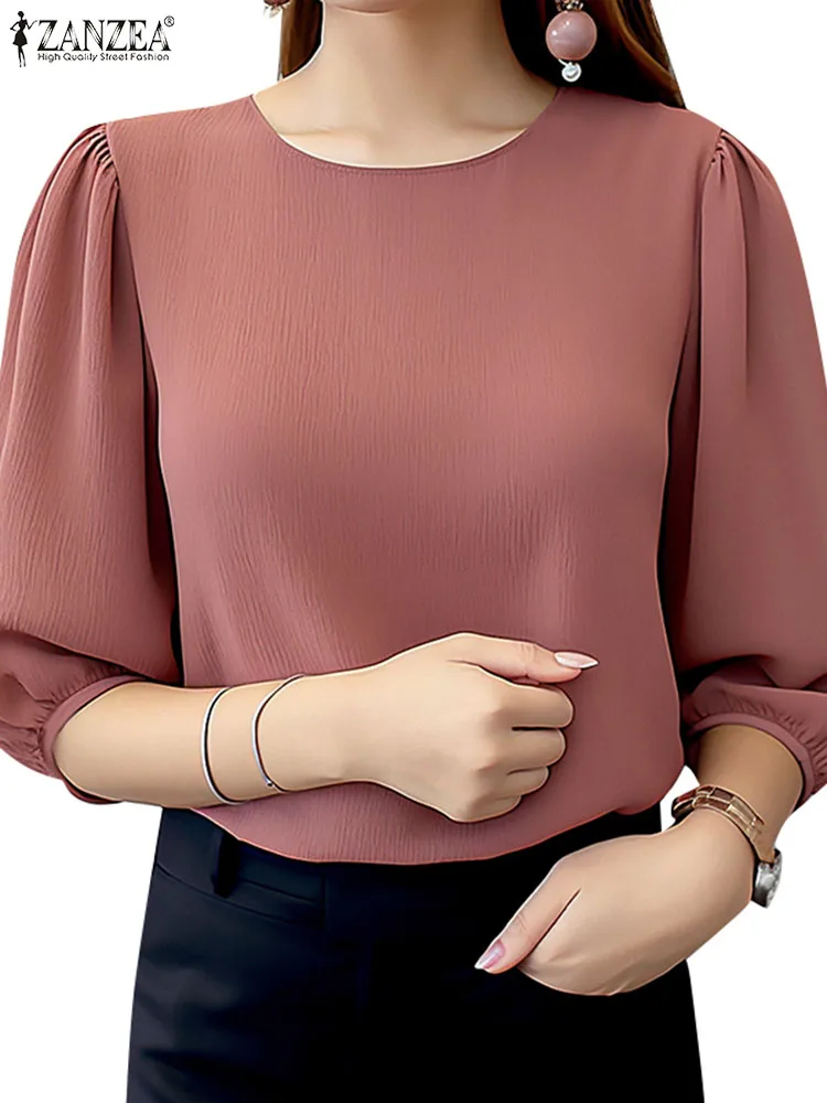 2024 ZANZEA Summer Office Work Shirt Elegant Women O Neck 3/4 Sleeve Blouse Fashion Solid Casual Blusas Femininas Loose OL Tops