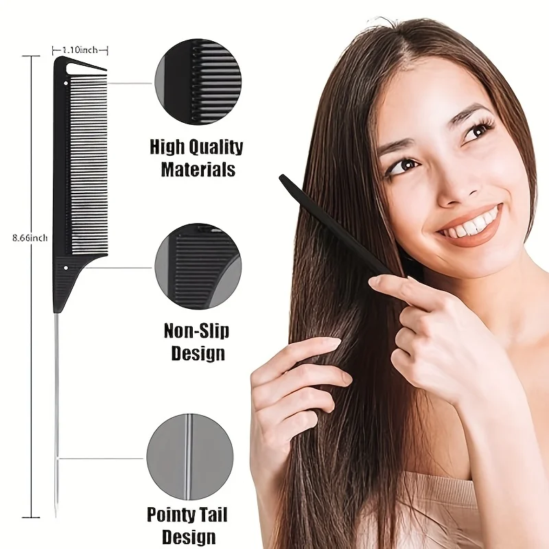 Rat Tail Combs Bulk Steel Pin Rat Tail Carbon Fiber Heat Resistant Teasing Combs Fine Tooth Pintail Braiding Hair Tools