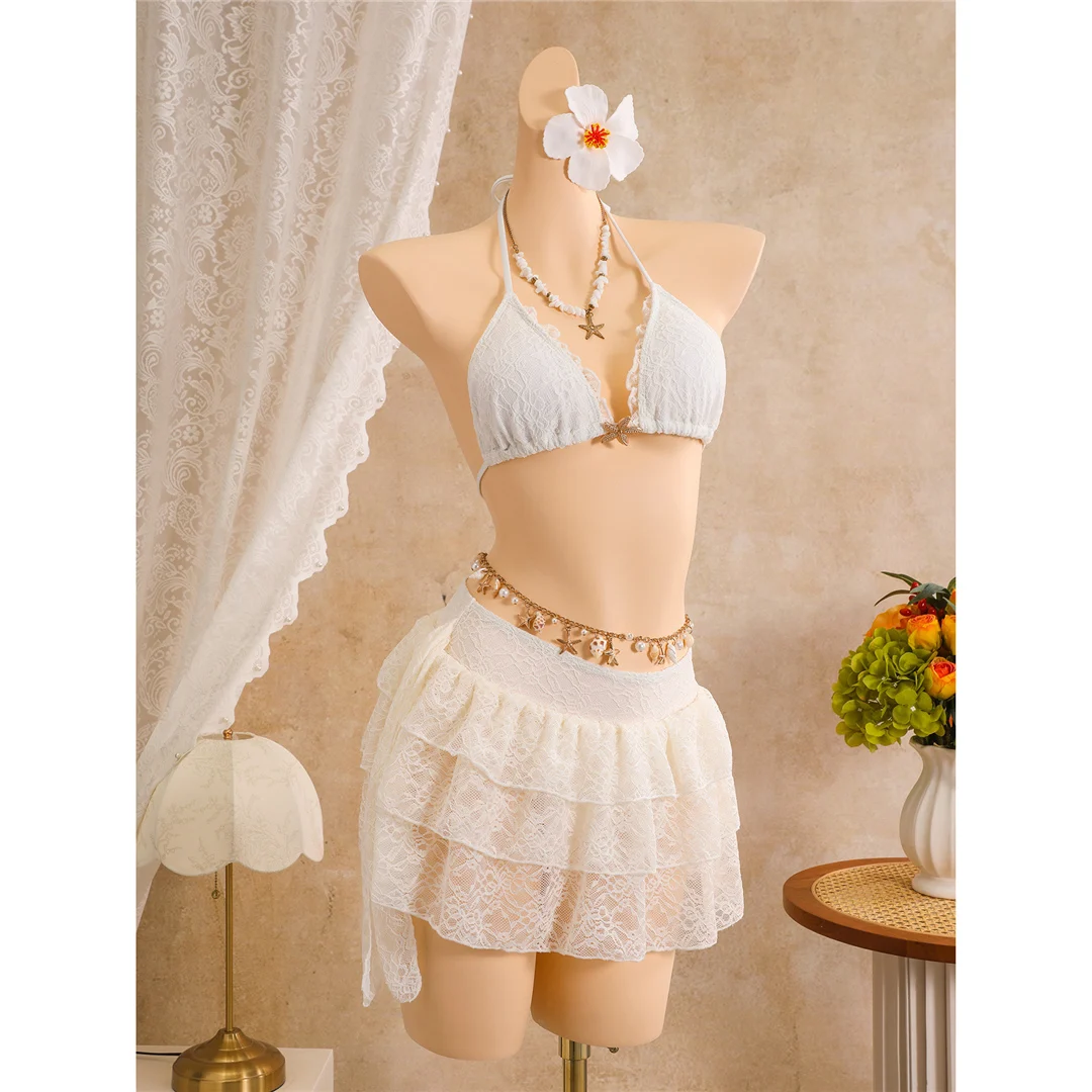 Mit Rüschenrock, Neckholder-Bikini, Damen-Badeanzug, dreiteiliges Bikini-Set, gepolsterter Badeanzug, Badebekleidung, Badeanzug V8400 – Detail 17