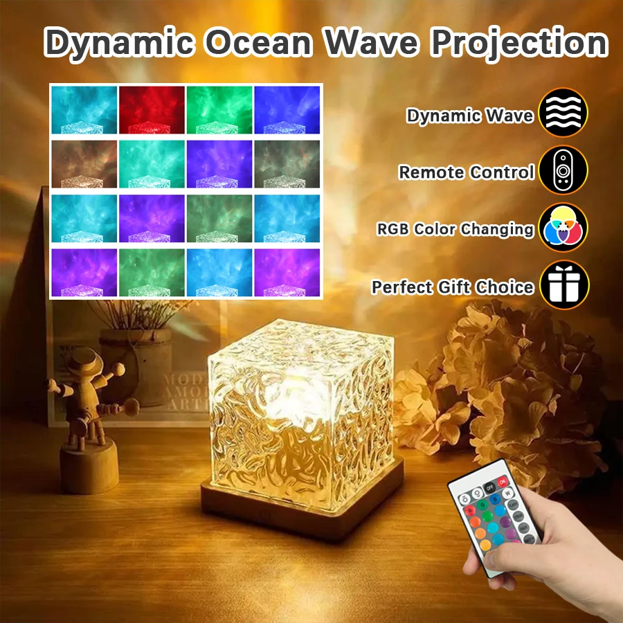 1PC Square Water Ripple Lamp RGB 16 Colors Remote Control USB Ambient Night Light Home Decor Gift