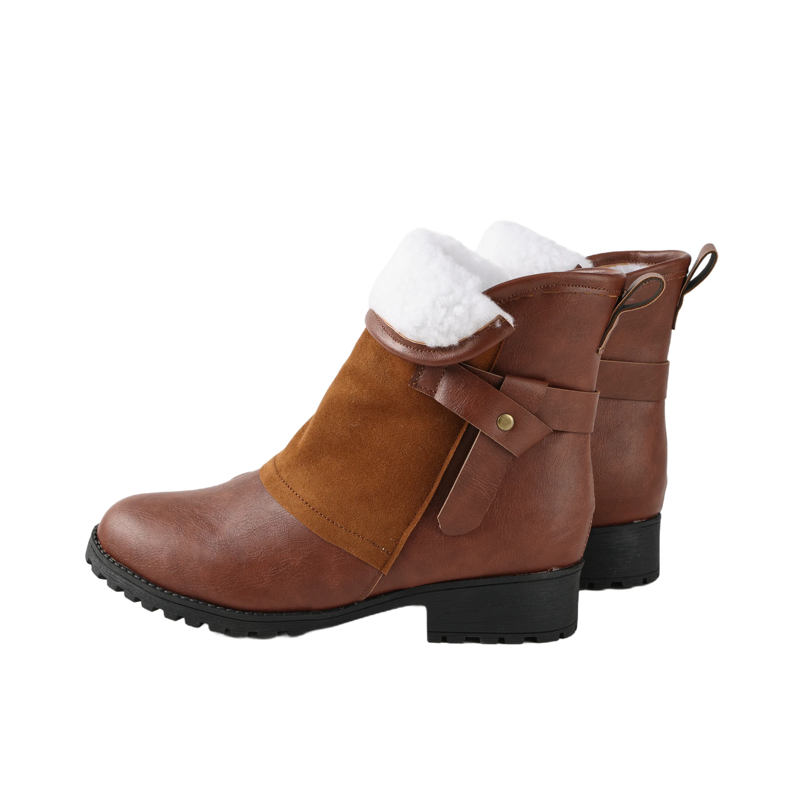 النساء الرجعية دراجة نارية أحذية بوت قصيرة مع مبطنة بالصوف الدافئة الكلاسيكية حذاء من الجلد المضادة للانزلاق ومقاومة للاهتراء سميكة وحيد