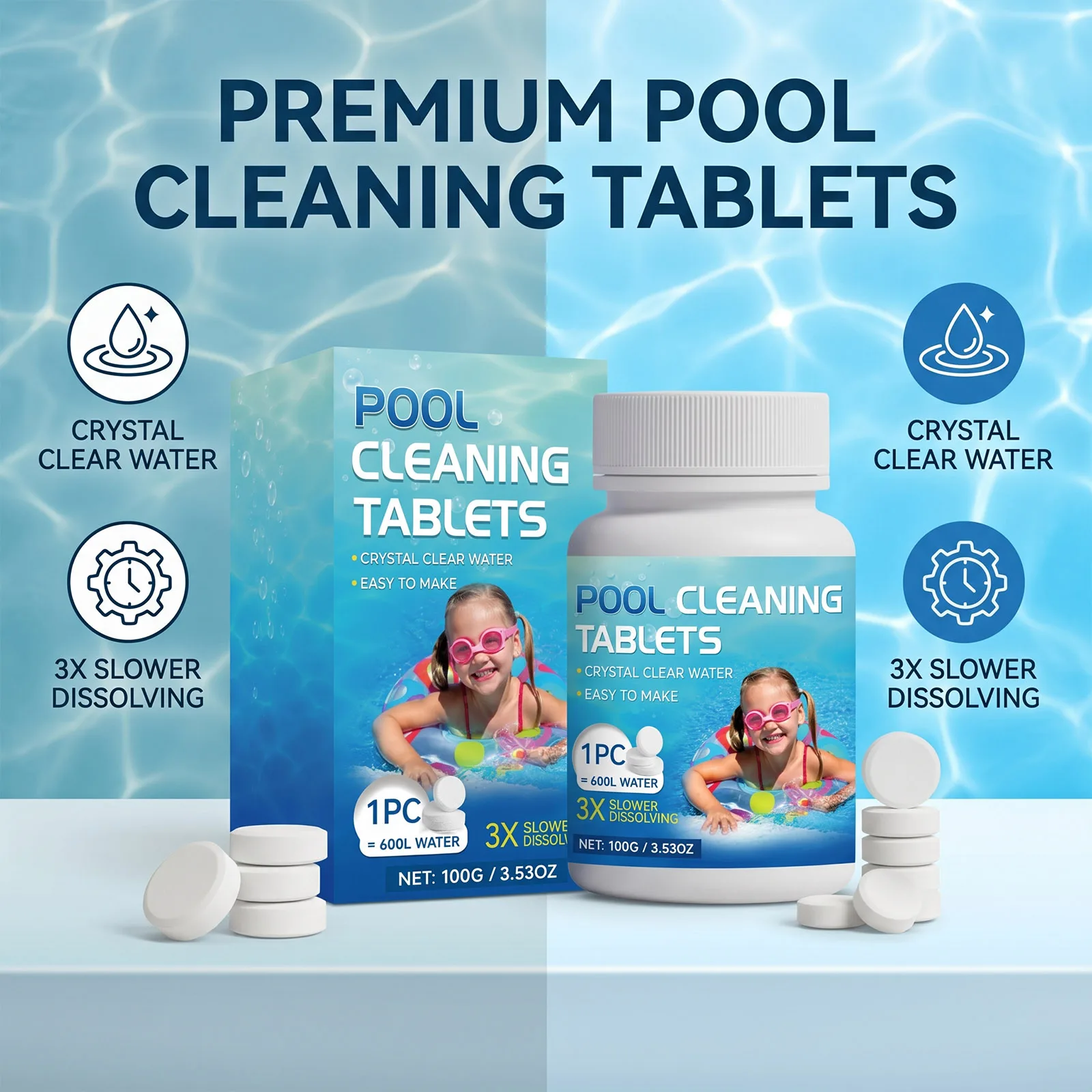 Effervescent Pool Cleaner Tablets Chlorine Shock Algae Stain Remover Water Clarifier Deodorizing Swimming Outdoor Household