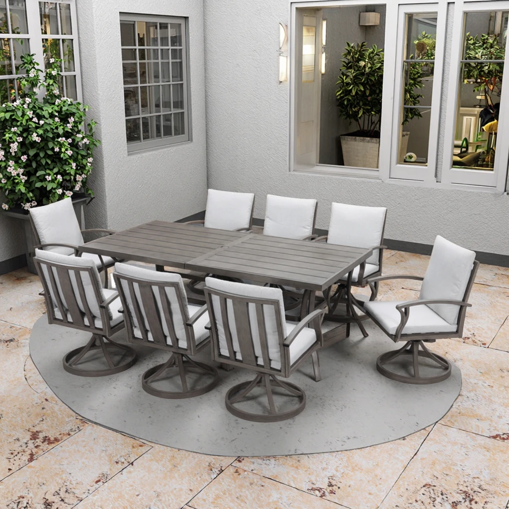 

Modern 9-Piece All-Weather Aluminum Outdoor Dining Set 360° Rotating Chairs Comfortable Patio Furniture for Courtyard Fast US