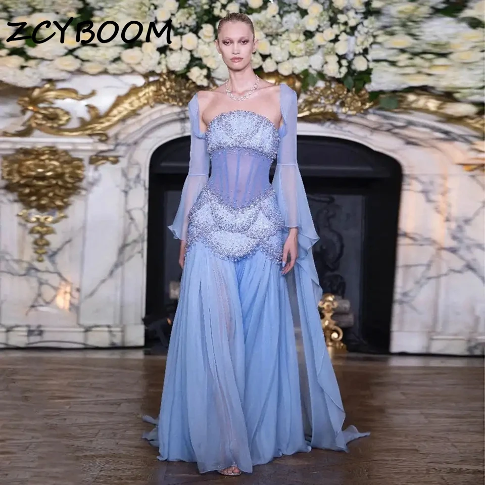 

Customized Luxury Pearls Tassel Blue Evening Dress with Flowing Coat Cape Crystal Exquisite 2025 Beach Party Gowns Evening Dress