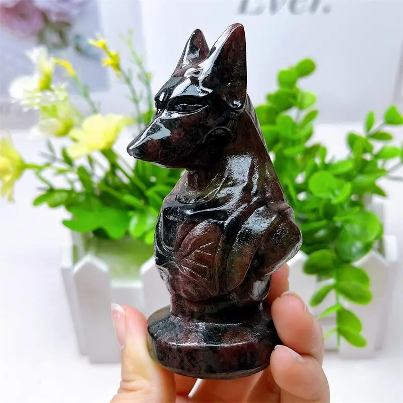 Natural Garnet Anubis Statue Carving Animal Statue Carving Ornament Crystal Collection Room Decor 1pcs