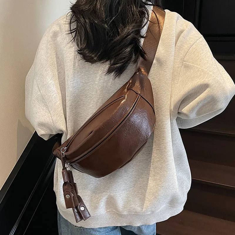 

2025 New Japanese Retro PU Leather Chest Waist Bag - Trendy Korean-style Large Capacity Sports Casual Crossbody Bag for Women