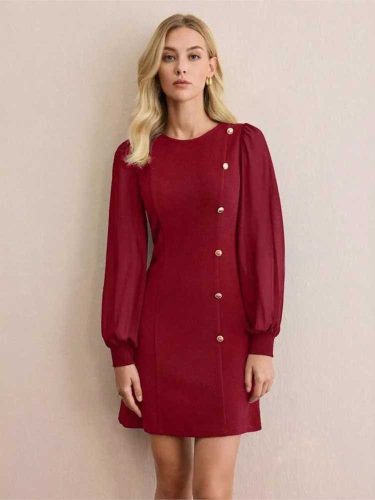

Women's New Spring Summer Round Neck Fashionable Nail Buckle Slim Fit Casual Long Sleeved Solid Color Dress