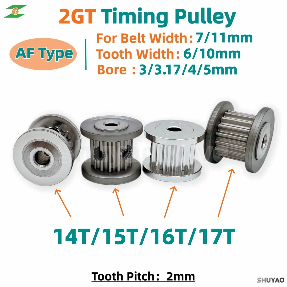 2GT AF-Type Timing Pulley 14T 15T 16T 17Teeth Bore 3-5mm Belt Width 6/10mm Synchronous Wheel Belt Pulley for 3D Printer Parts