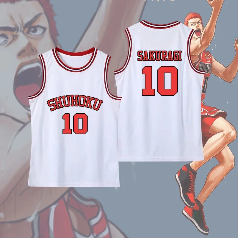 White Basketball Vest Shuhoku No.10 Sakuragi Hanamichi Polyester Top Oversize Cosplay Costumes Sports Hot Anime Props for Party