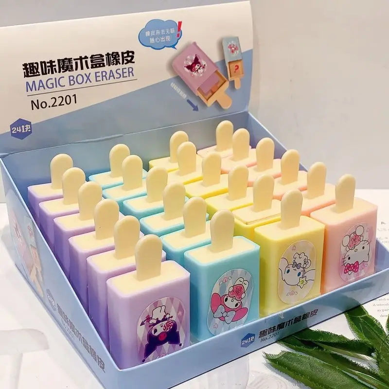 New 24pcs Sanrio Cartoon Hellokitty Magic Box Eraser  Kuromi Cinnamoroll Erasers Student  School Supplies Stationery  Wholesale