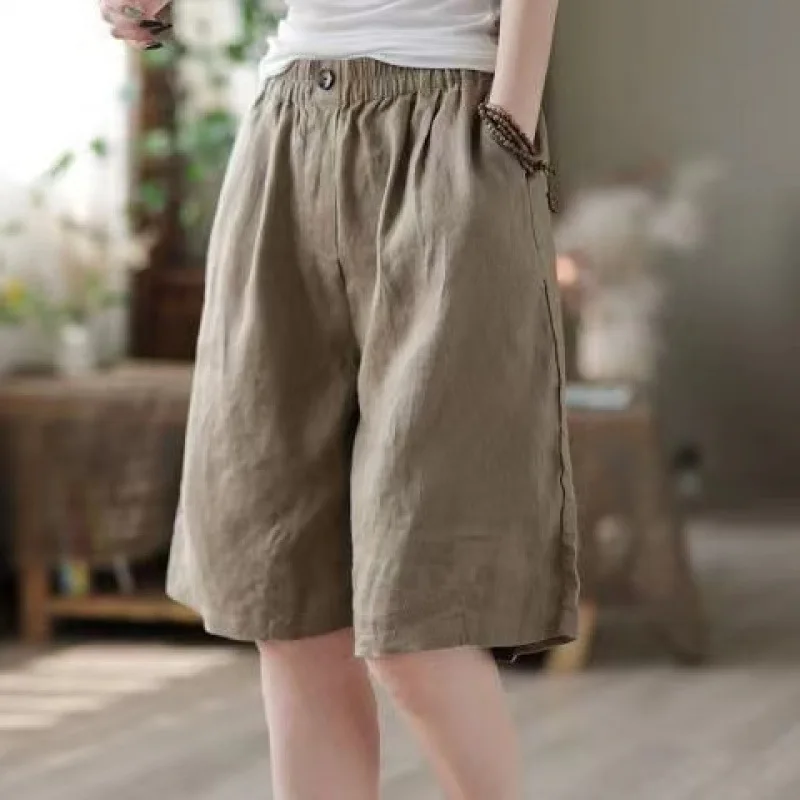 

Шорты с высокой талией, летние хлопковые льняные шорты для женщин, повседневные широкие брюки, женские свободные шорты средней длины