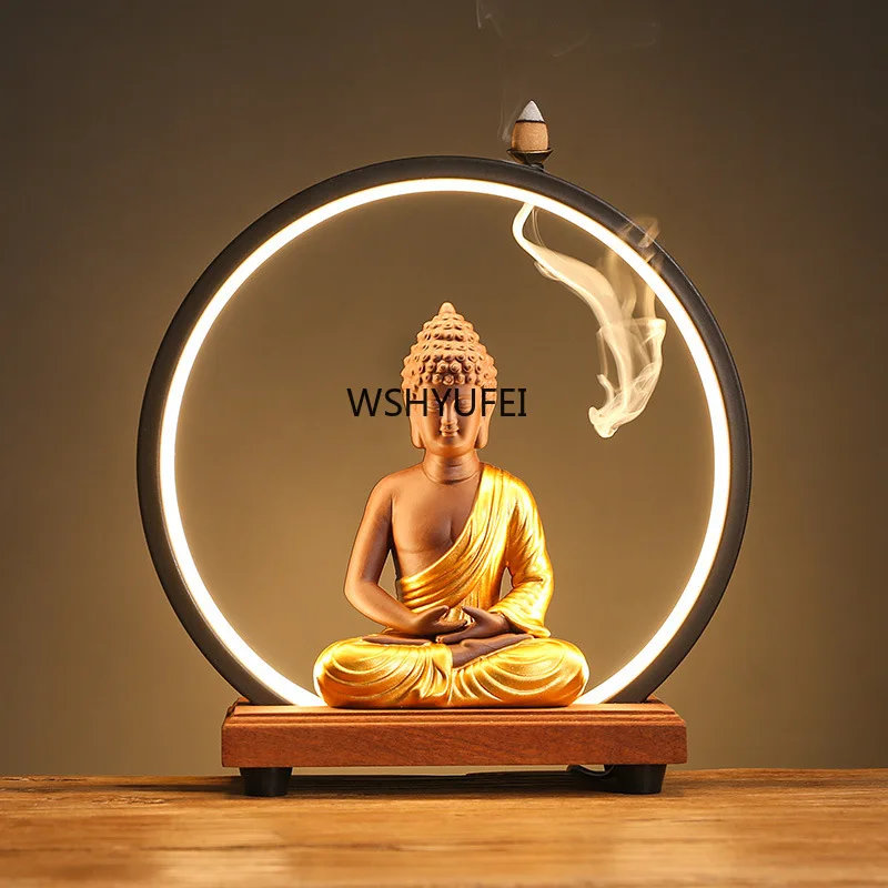 

Ceramic counter flow incense burner bracket Shakyamuni Buddha statue LED light home decoration accessories
