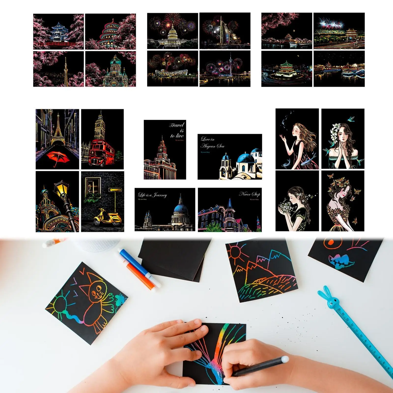 4 Scratch Paper Art Kit with Wooden Stick for Drawing And Painting
