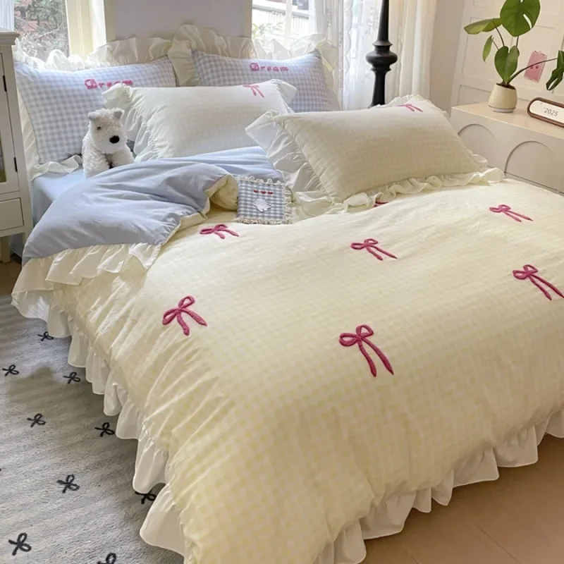 Spring and summer new Korean lace bow four-piece princess style lace washed cotton girl heart pink 3