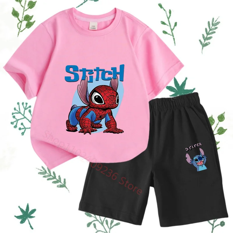 New O-neck Children's T-shirt Set Stitch Cartoon Anime Disney Anime Summer 100% Cotton Simple Fashion T-shirt Set