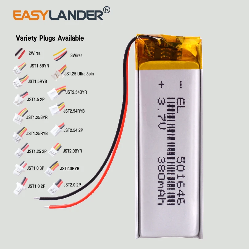 JST SH1.0 3P MX1.25 2P  501646 3.7V 380mAh Rechargeable Lithium Polymer Battery Lipo Batteries