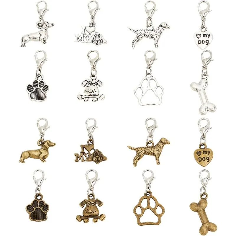 32 Pcs 8 Styles Dog Zipper Pull Charms Pet Theme Alloy Zipper Pendant Bone Paw Print Zipper Pull Zipper Pull Decoration