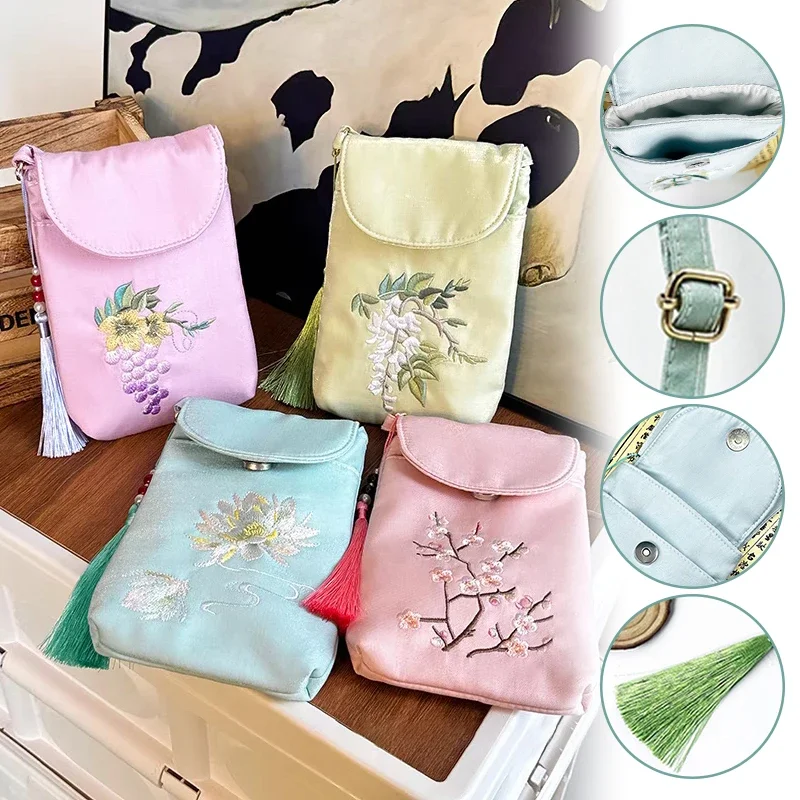 Chinese Style Hanfu Bag Vintage Flower Embroidery Ancient Hanfu Bag Messenger Girl Mobile Phone Shoulder Canvas Purse Pocket