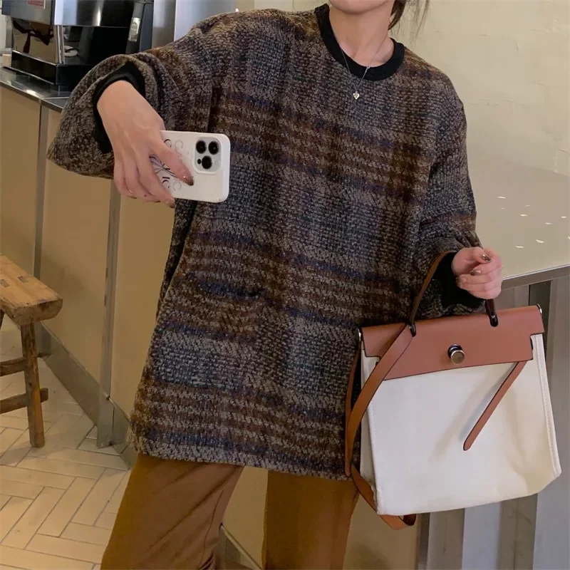 Japanese Retro Color Collision Pullovers Women Plaid Long Sleeve O-Neck Tops Autumn and Winter Loose Casual Sweatshirts Female