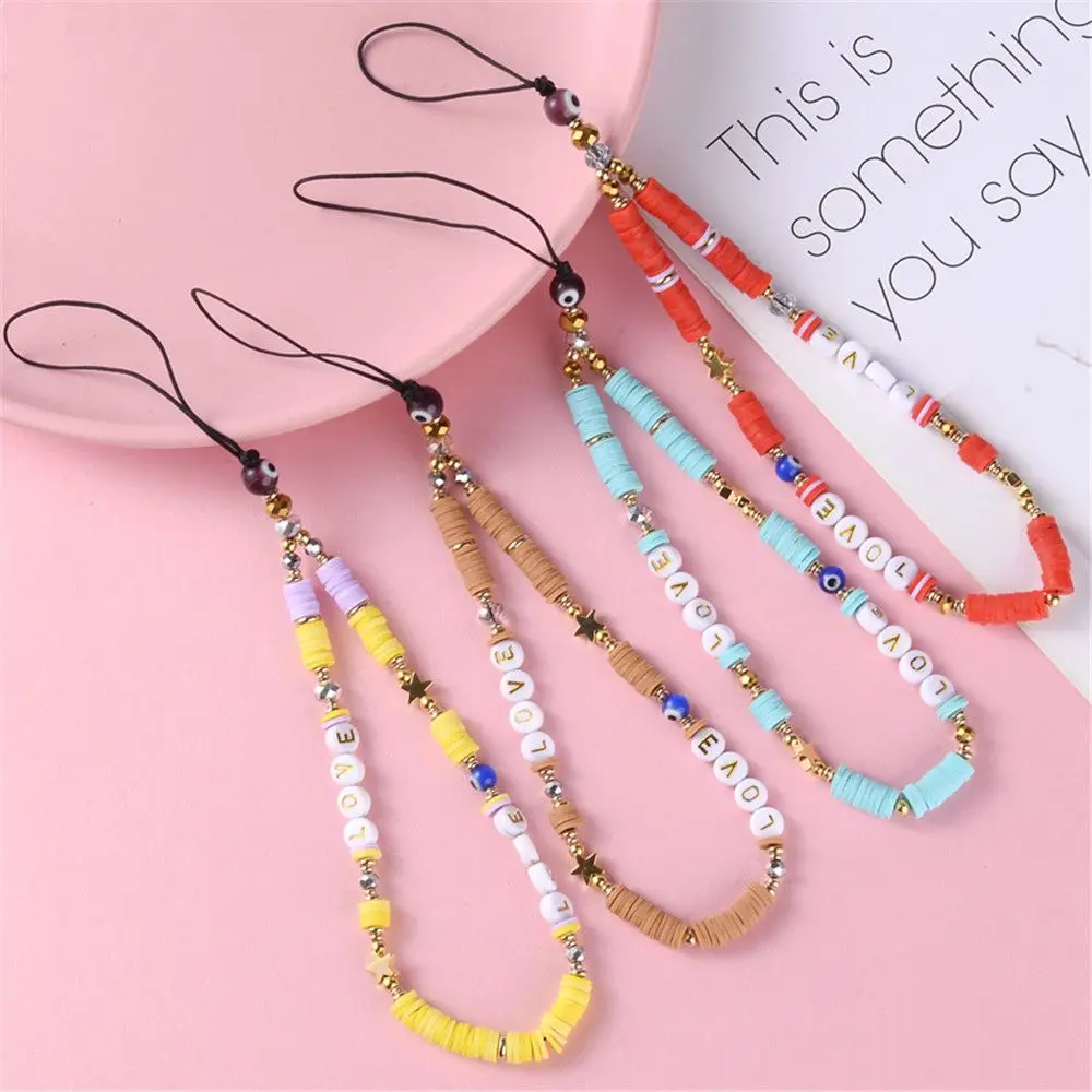 New Fashion Phone Anti-Lost Lanyard Clay Star LOVE Letter Loose Bead Mobile Strap Phone Chain For Women Girl DIY Jewelry Gift