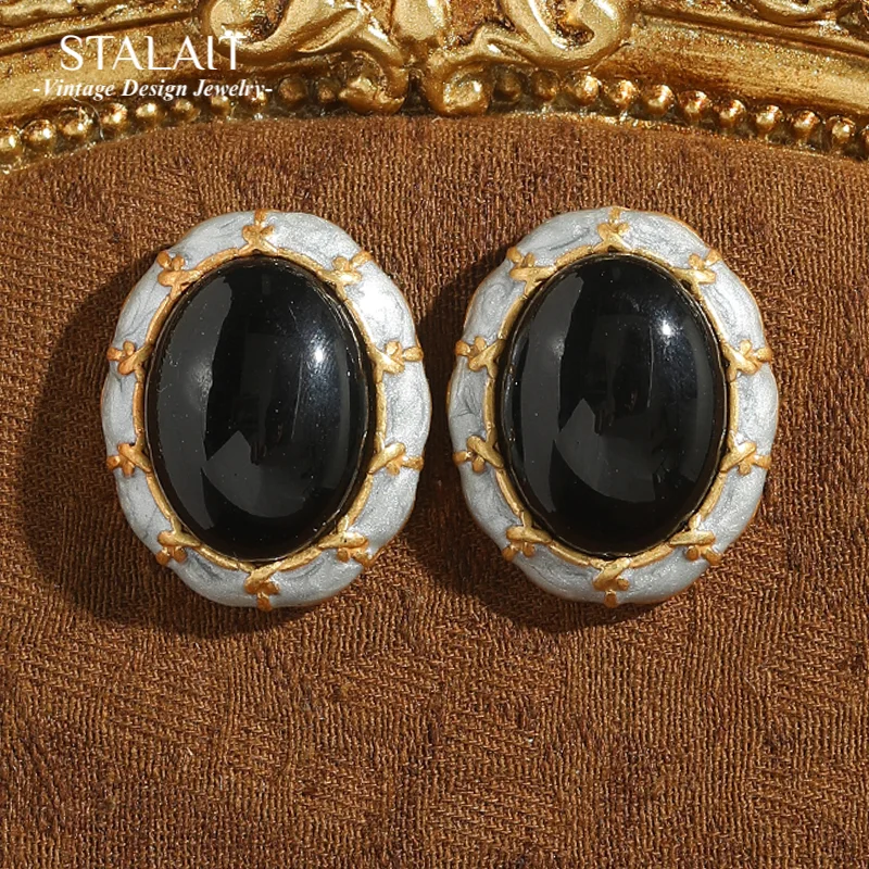 

Vintage French Black Earrings Glazed Natural Stone Enamel Antique Gold Color Accessories Women Wedding Luxury Quality Jewelry