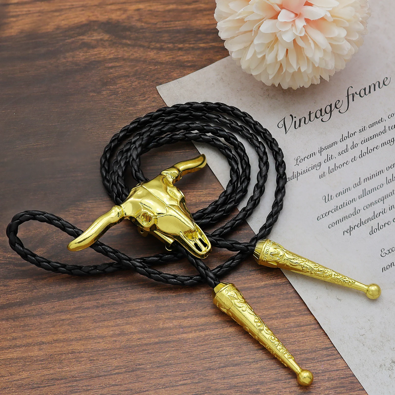 Neuheit Western Cowboy Bolo Krawatte für Herren Kuh Schädel Design Schwarz Leder Seil Vintage Krawatte Bull Kopf Anhänger Damen Schmuck – Detail 7