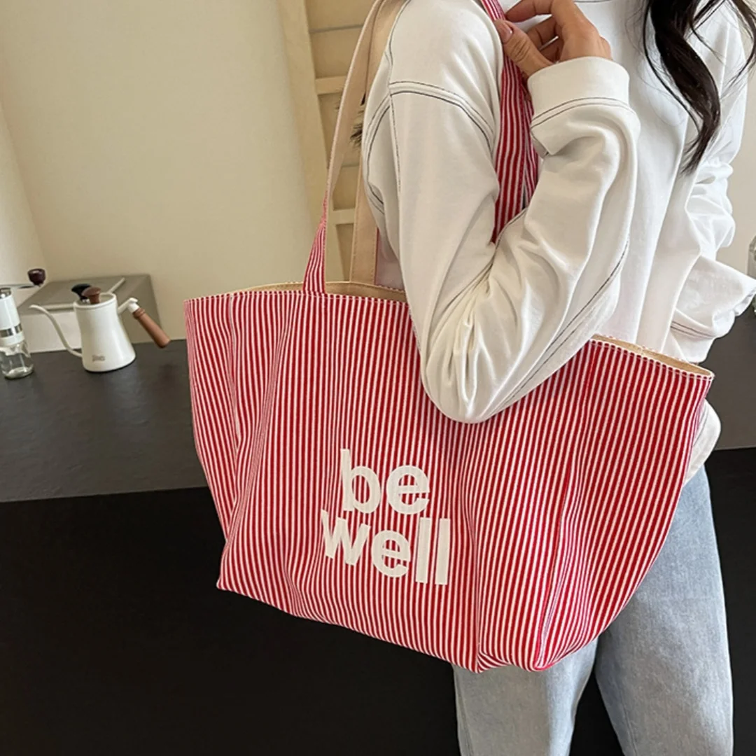 2026 New Fashion Commuter Tote Bag High Capaci Canvas Handbag for Youth bolso mujer Casual Large Stripe Women's Shoulder Bag