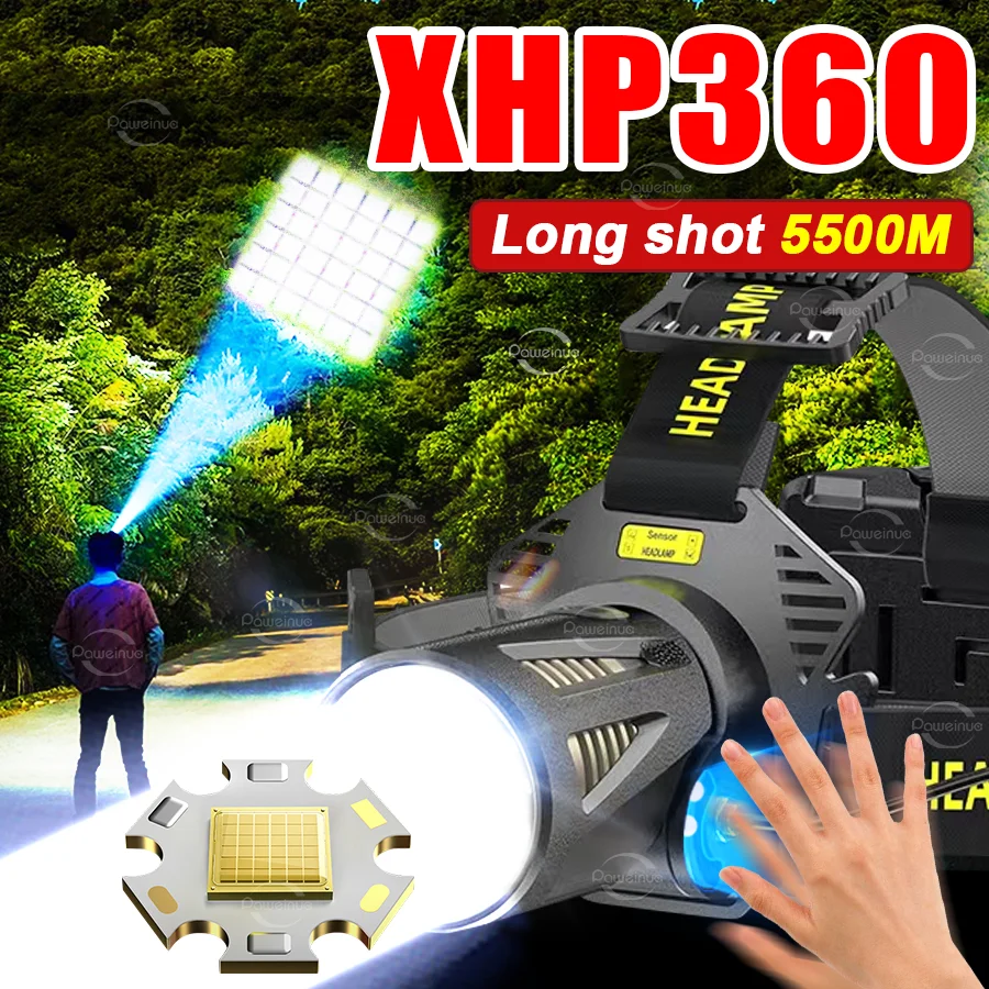 

Светодиодный налобный фонарь XHP360 с ИК-датчиком, мощный светодиодный фонарик, USB-перезаряжаемый налобный фонарь, дальность действия 5500 м, для рыбалки и охоты