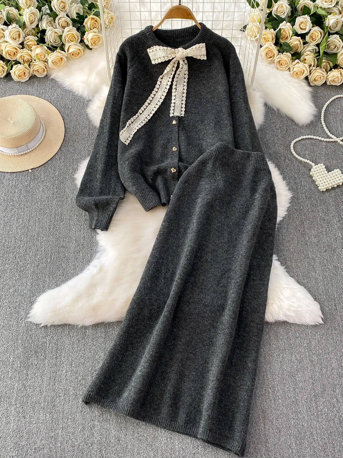 

Winter Faion Slimming Knitted Sweater Coat Knot Long Sve round Ne Outerwear Two-Piece Set High Waist Skirt