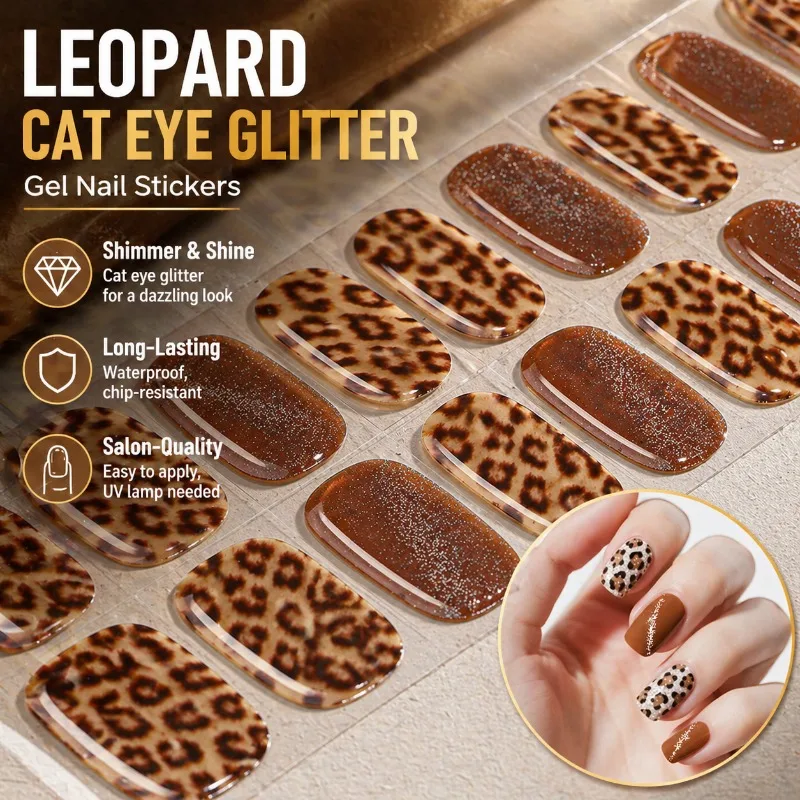 Gel Nail Stickers Leopard Cat Eye Glitter Semi Cured UV Lamp Waterproof Nail Art Decals