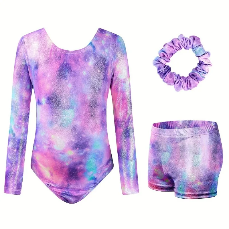 

Элегантный гимнастический купальник для девочек с длинными рукавами и принтом, с треугольными шортами, для танцевальных выступлений и тренировок