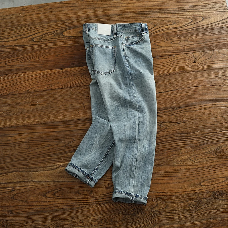 

Повседневные мужские джинсы с талией в стиле ретро, упрощенные классические синие джинсовые прямые длинные брюки, модная уличная одежда для молодежи
