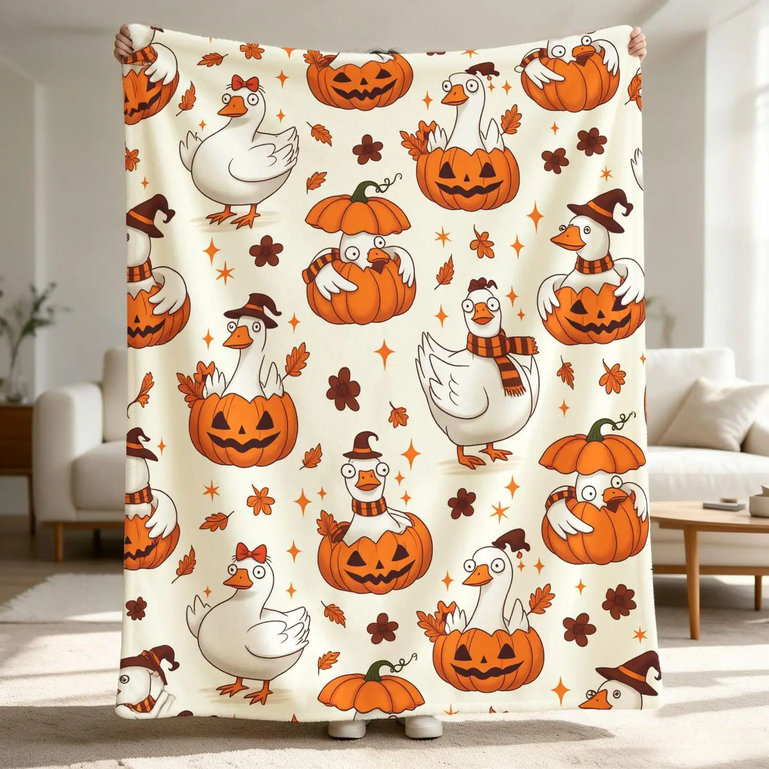 [Flannel Blanket] Halloween Pumpkin Goose Blanket Cute Autumn Flannel Blanket Cozy Fall Decoration Gift for Animal Lovers