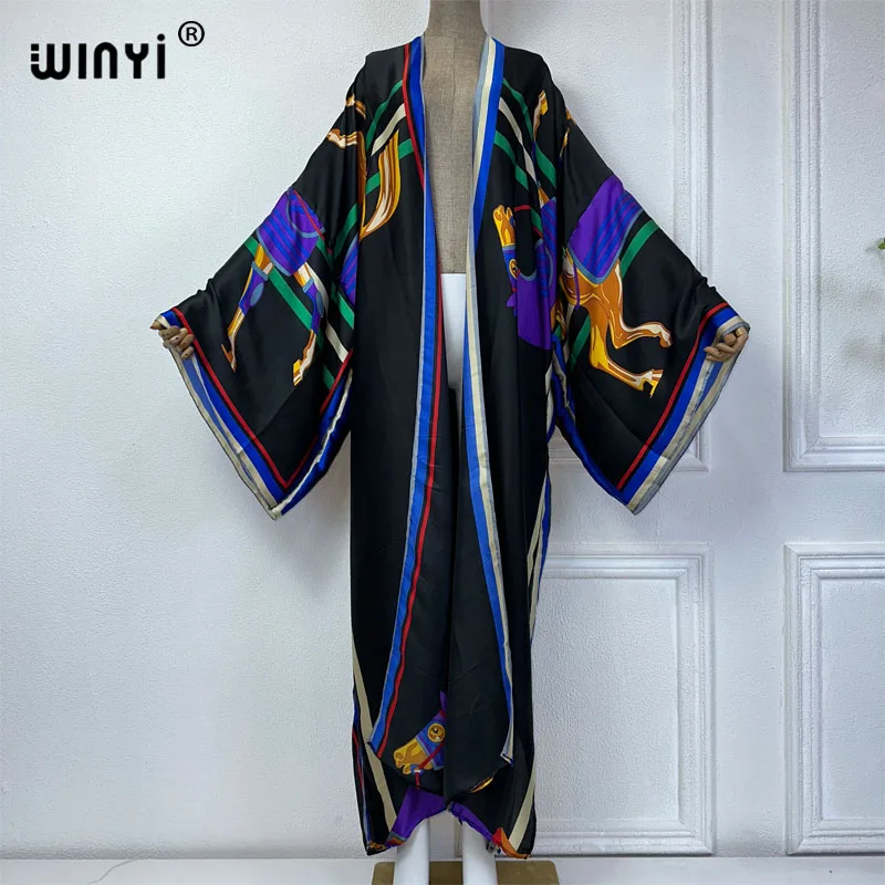 Imagem -03 - Winyi-cardigan de Seda Sexy para Mulheres Moda Praia Quimono Roupas de Praia Capas de Impressão Vestido de Férias Abaya Elegante Boho