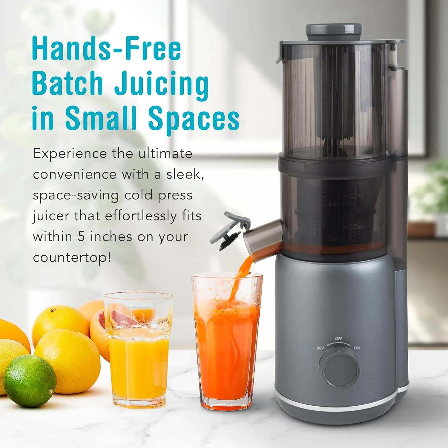 Cold Press Juicer, Compact Multi-Batch, Portable Hands-Free with Continuous Feed Hopper