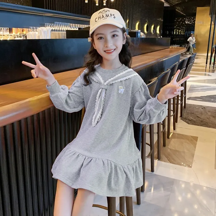 

ZOETOP 2025 Korean Early Autumn School Girl Long Sleeve Dress Teenager Girl Lace Tie Casual Loose Dress Kids Girl Pleated Skirt