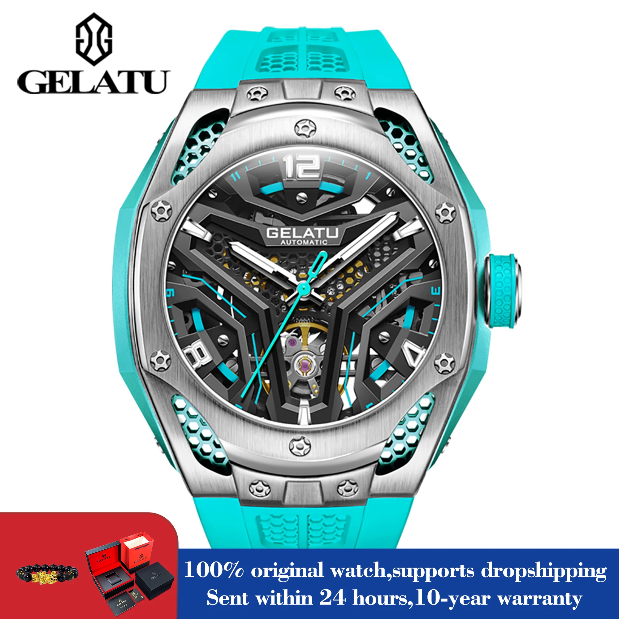 GELATU 6007 Number Scale Hollow Mechanical Watch For Men Sapphire Mirror Silicone Hand Clock Luminous Waterproof Man Watches