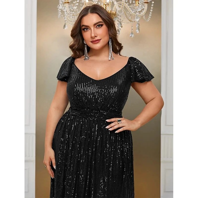 Plus Size Short Sleeve Loose Purple Sequin Elegant Evening Dress 4XL 5XL Big Size Fashionable Sequin Long Dress for Women