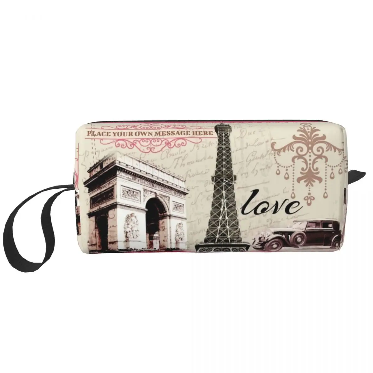 Custom Vintage France Paris Eiffel Tower Travel Cosmetic Bag Women Flower Pink Toiletry Makeup Ladies Beauty Storage Dopp Kit