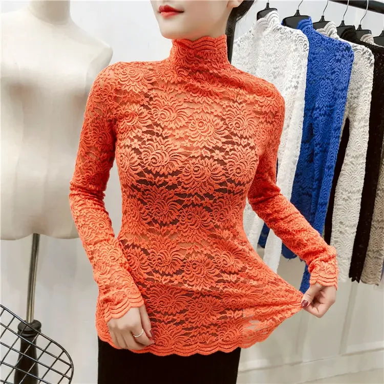 Lace Women\'s Long Sleeve Turtleneck Mesh Top Women\'s Hollow Slim Elastic Blusas Ropa De Mujer