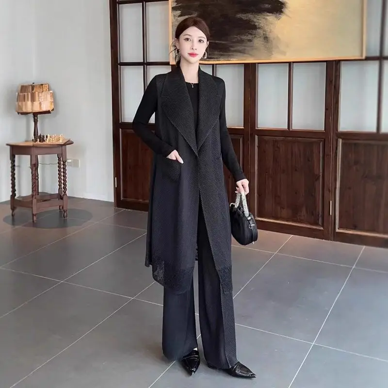 Long-Line Women's Vest Fashionable Versatile Loose Fit Outerwear Premium Fish-Scale Pleat Top Large Size Pleated Open Cardigan