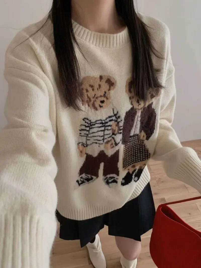 Maglione ricamato con orso POLO retrò arancione a 6 colori adorabili Maglione allentato invernale caldo Y2K Top Harajuku Maglieria casual a maniche lunghe